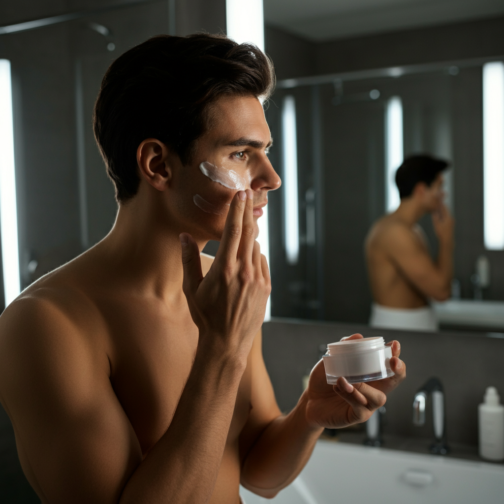 Man applying cream at night - luxia night cream